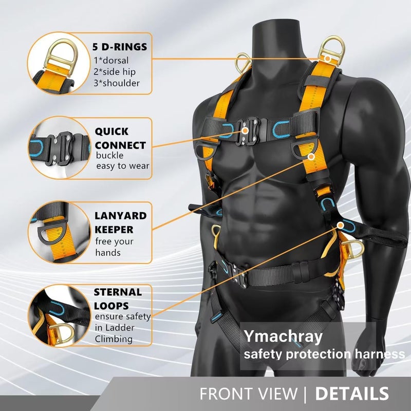 Ymachray Fall Protection Full-Body Safety Harness, Roofing Harness Kit Men Construction Harness,5 Heavy Duty D-rings&Upgrade 4 Quick Buckles(OSHA/ANSI) - Image 3
